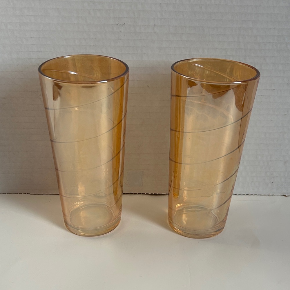 Vintage MCM Peach Luster Carnival Glass Tumblers, Jeanette Optic Swirl, Set of 2
